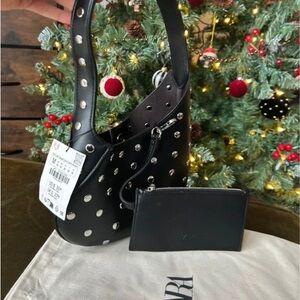 Zara Black Studded Shoulder Bag with Silver Details